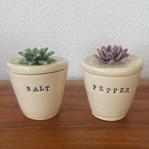 Uncommon Goods ceramic salt & pepper containers w lids succulent kitchen pottery
